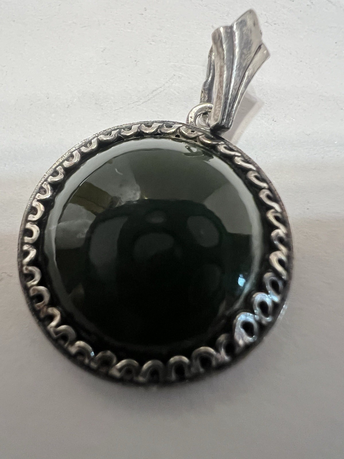 Antique Russian Green Jade Stone Pendant Silver 875 USSR.