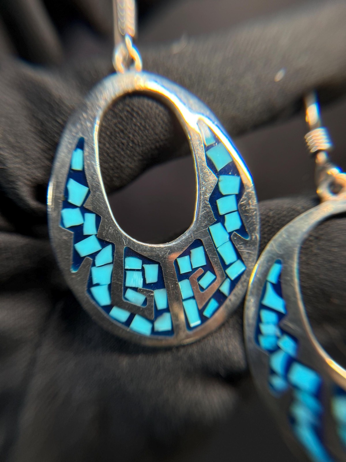 Taxco Sterling Silver Turquoise Chip Inlay Dangle Earrings TC-29
