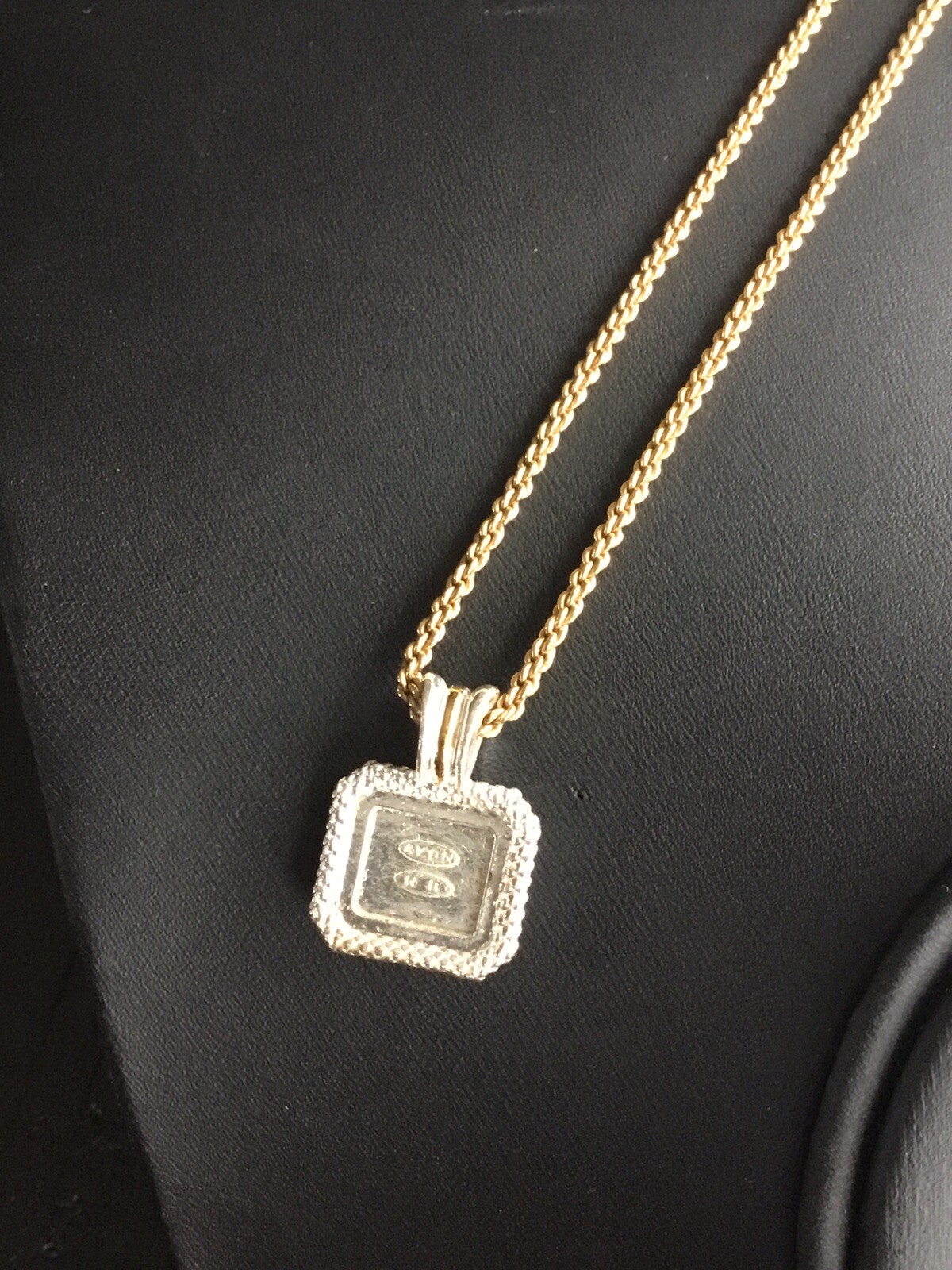 Signed Avon Silver & Gold Tone Square Rhinestone Paved Pendant On Popcorn Chain