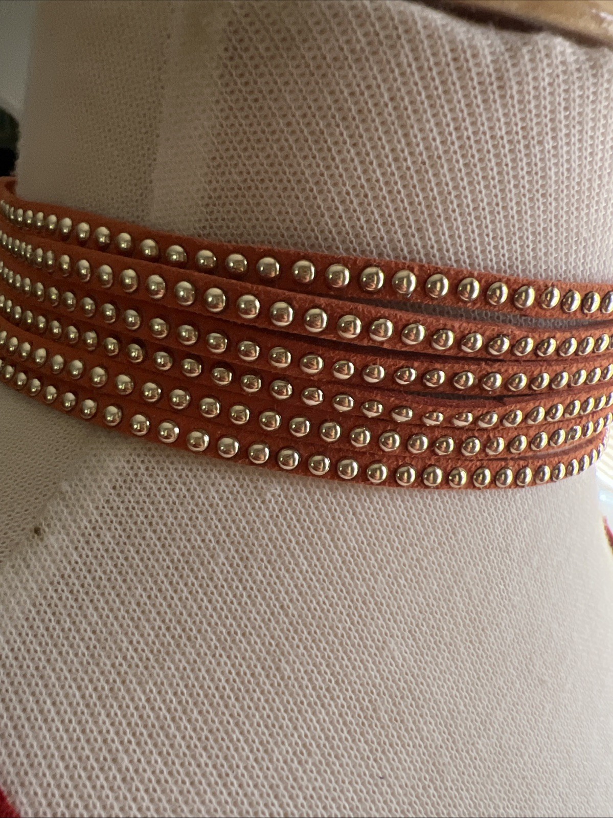 Vintage Boho Orange Suede Studded Wrap Choker 14”-15” Necklace Multi Strand