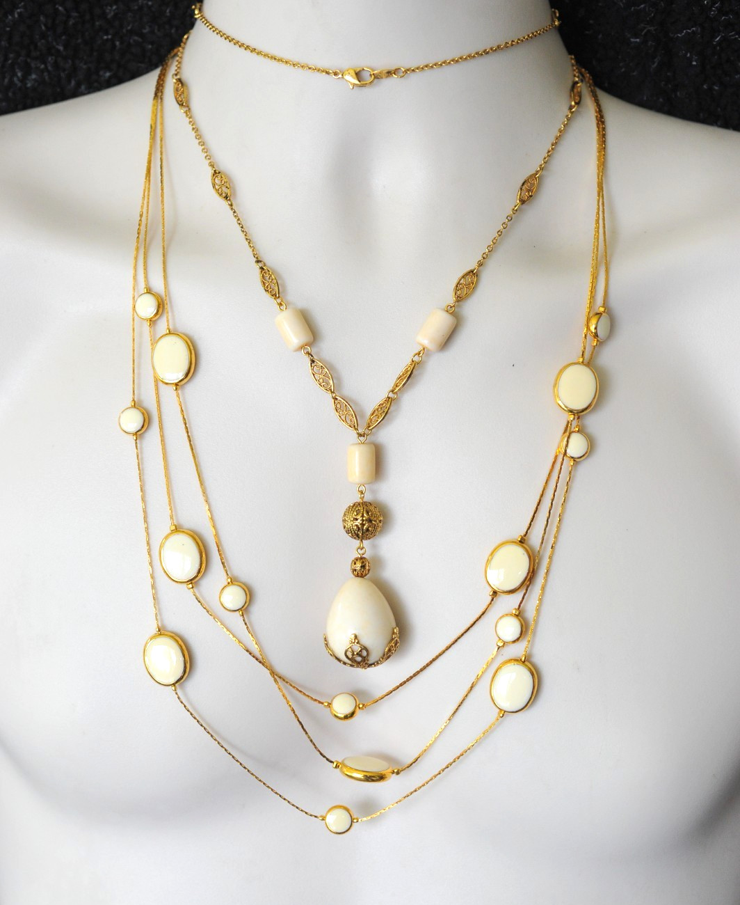 Necklace LOT Avon Ivory cream gold tone layered dangle filigree PE26