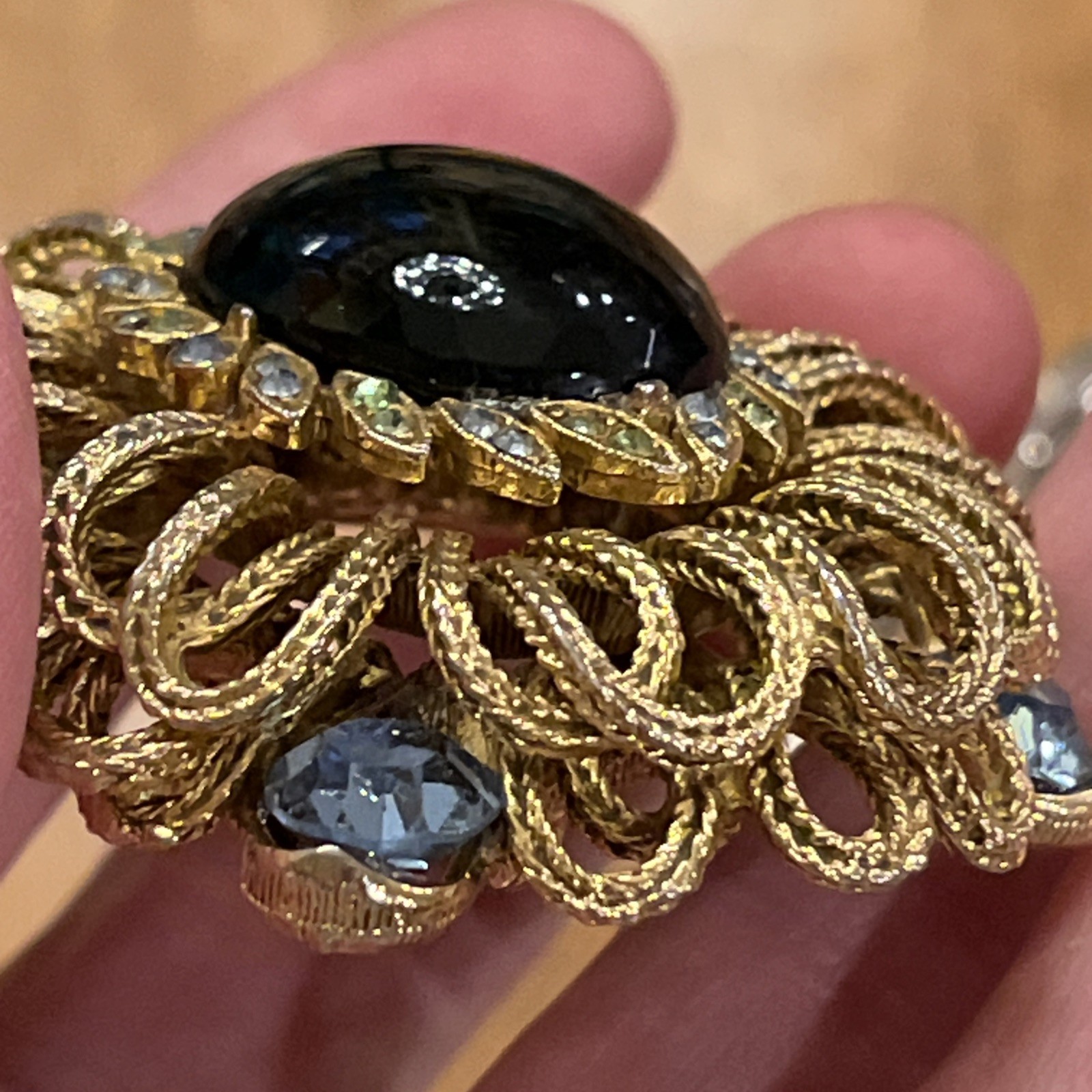 Vintage Capri Green Gripoix Glass Cabochon Blue Green Rhinestone Ornate Brooch