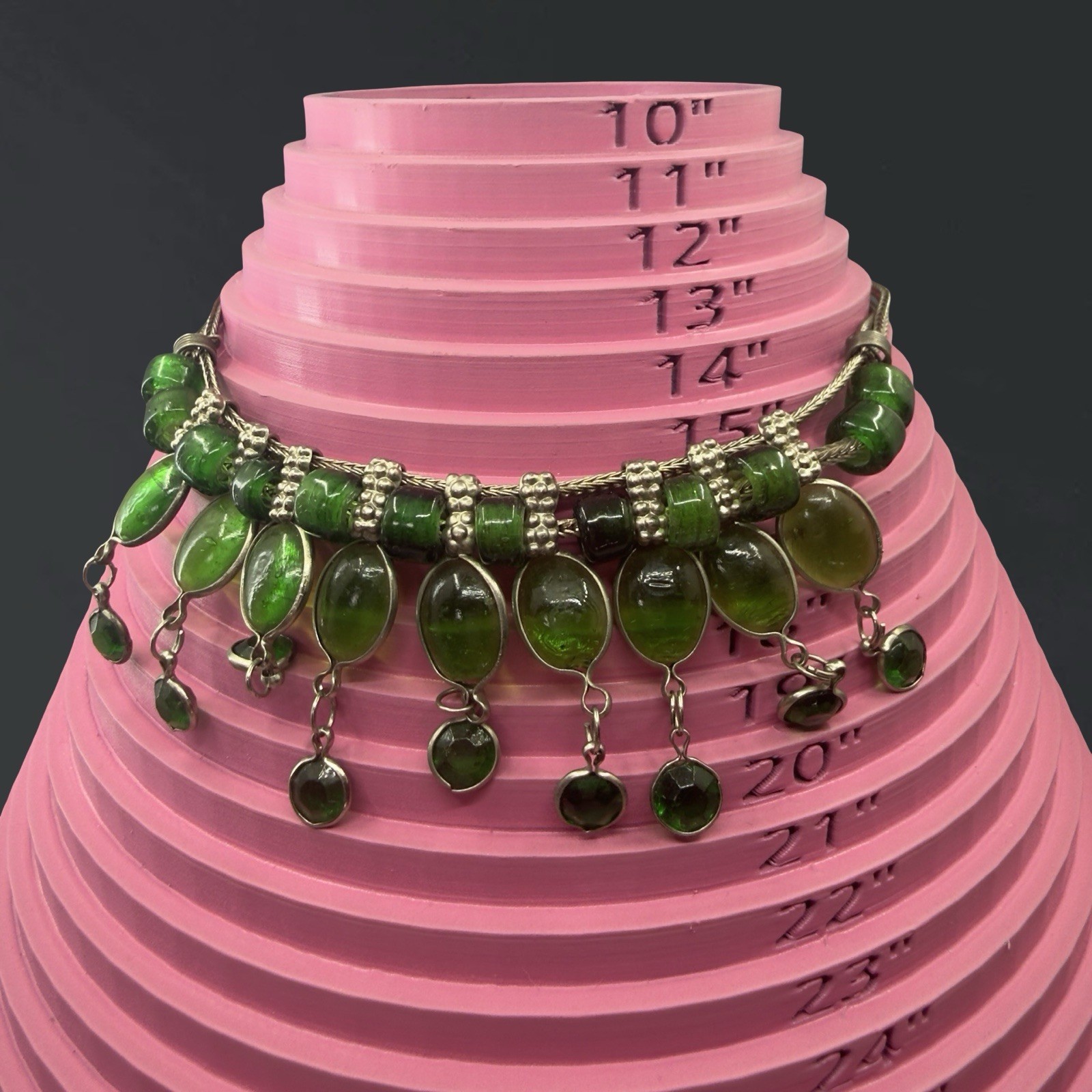 Vintage BOHO Bib Necklace GREEN GLASS Southwest Artisan Drop Dangle India Silver
