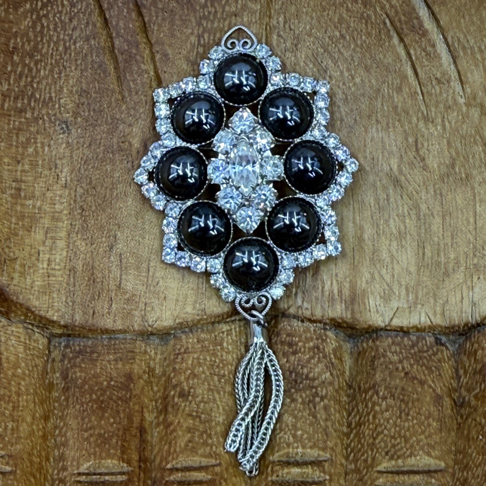 VTG DeLizza & Elster (Juliana) Hematite Cabochon Rhinestone Brooch, Verified