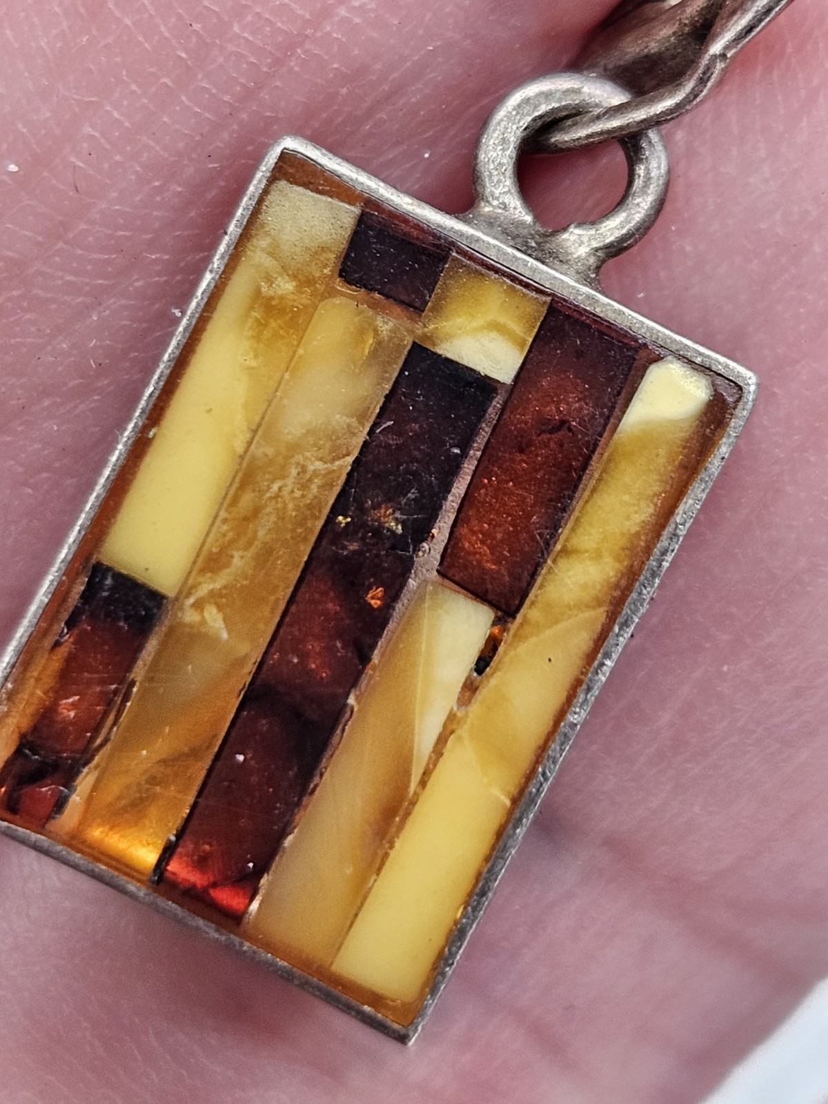 Vintage Sterling Silver Multicolor Amber Inlay Dangle Petite Earrings