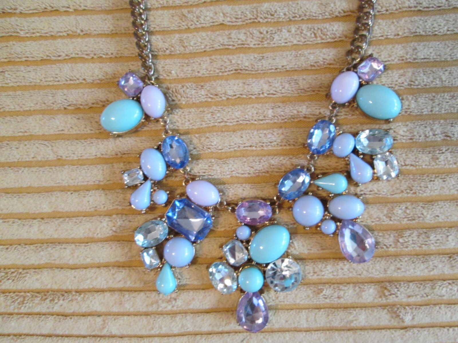 Turquoise blue pink and purple cz and lucite gold tone 20″ statement necklace