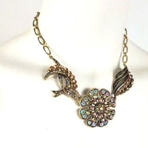 Vintage Allison Reed Gold Silver Filigree Statement Necklace Crystal Accents