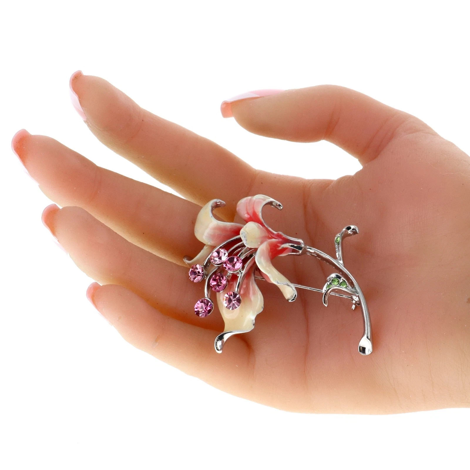 Enamel lily flower brooch pin with pink and green rhinestone Charm