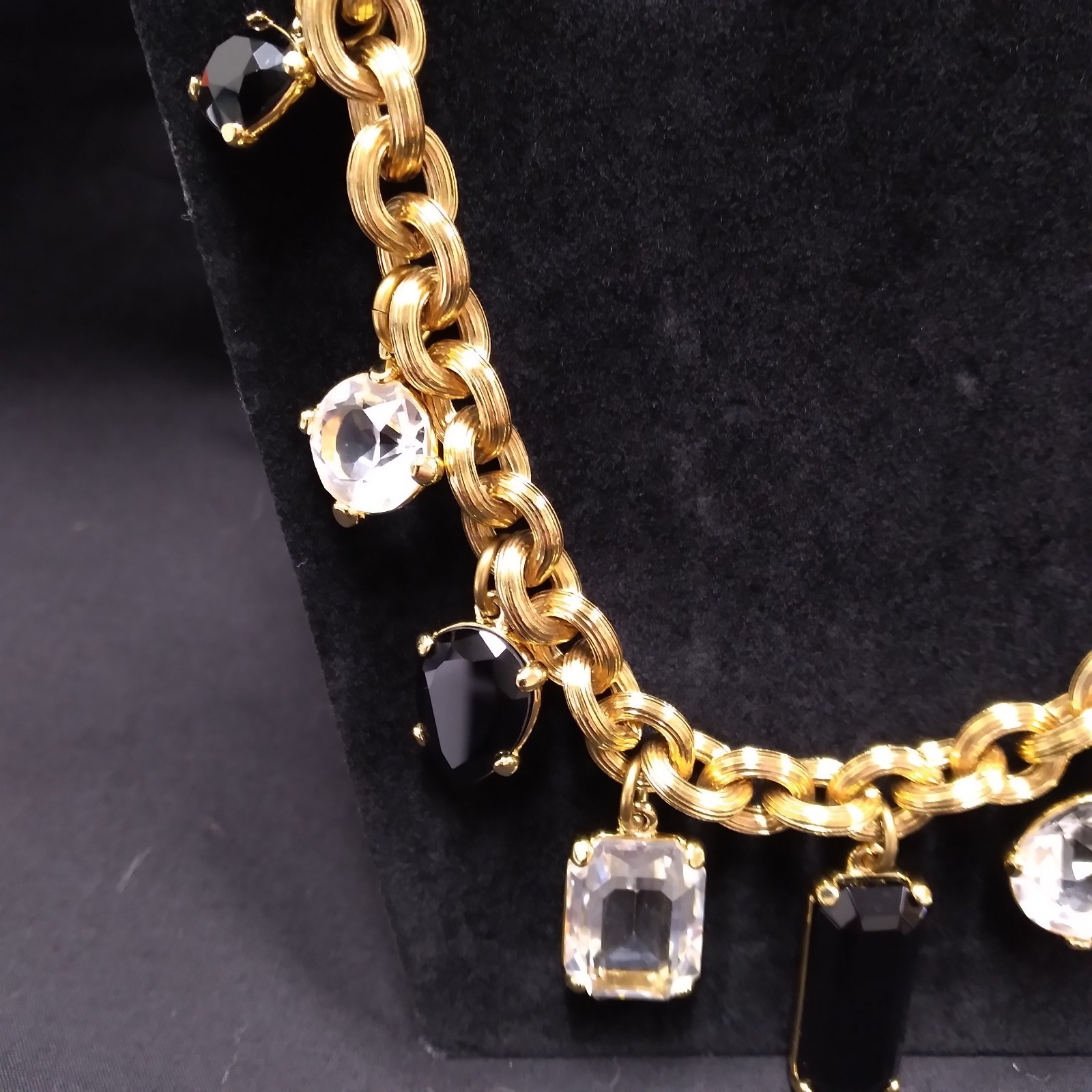 Monet Gold Tone Chunky Necklace with Clear and Black Crystal Charms