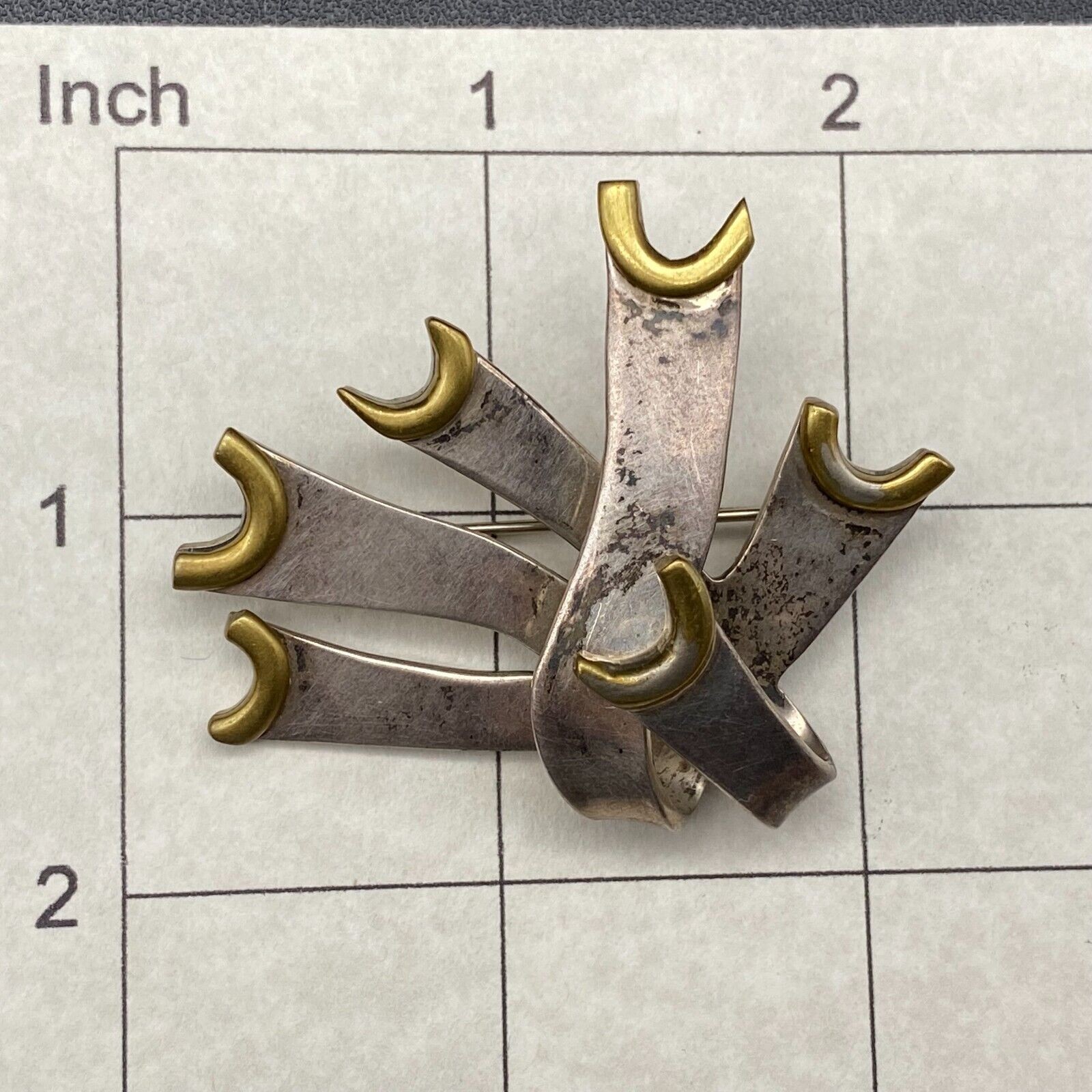 Vintage Modernist Abstract Mixed Metal Sterling Silver Brass Pin Brooch