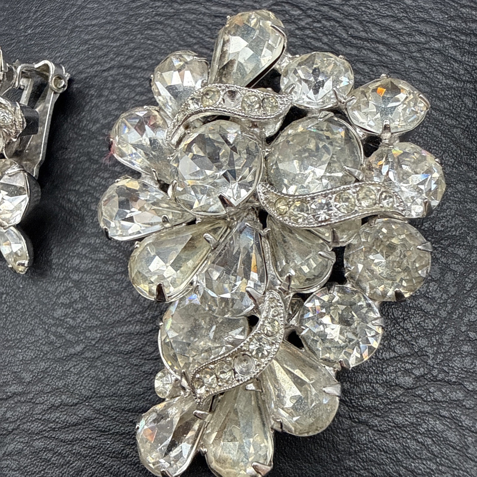 Vintage Eisenberg Ice Rhinestone Brooch and Clip On Earrings Set Signed
