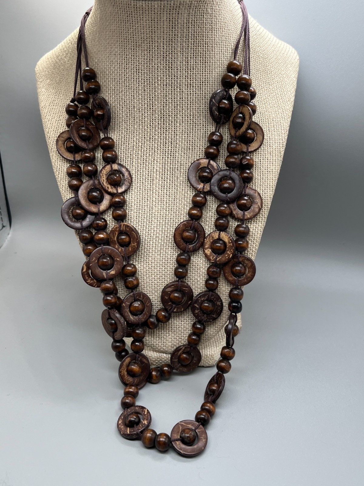 Bohemian Boho Wooden Flat Circle Link with Bead 3 Strand Necklace