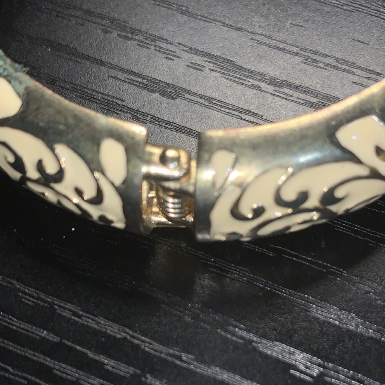 Vintage Ivory and Gold Enamel Hinged Bangle Bracelet Metal Floral Design