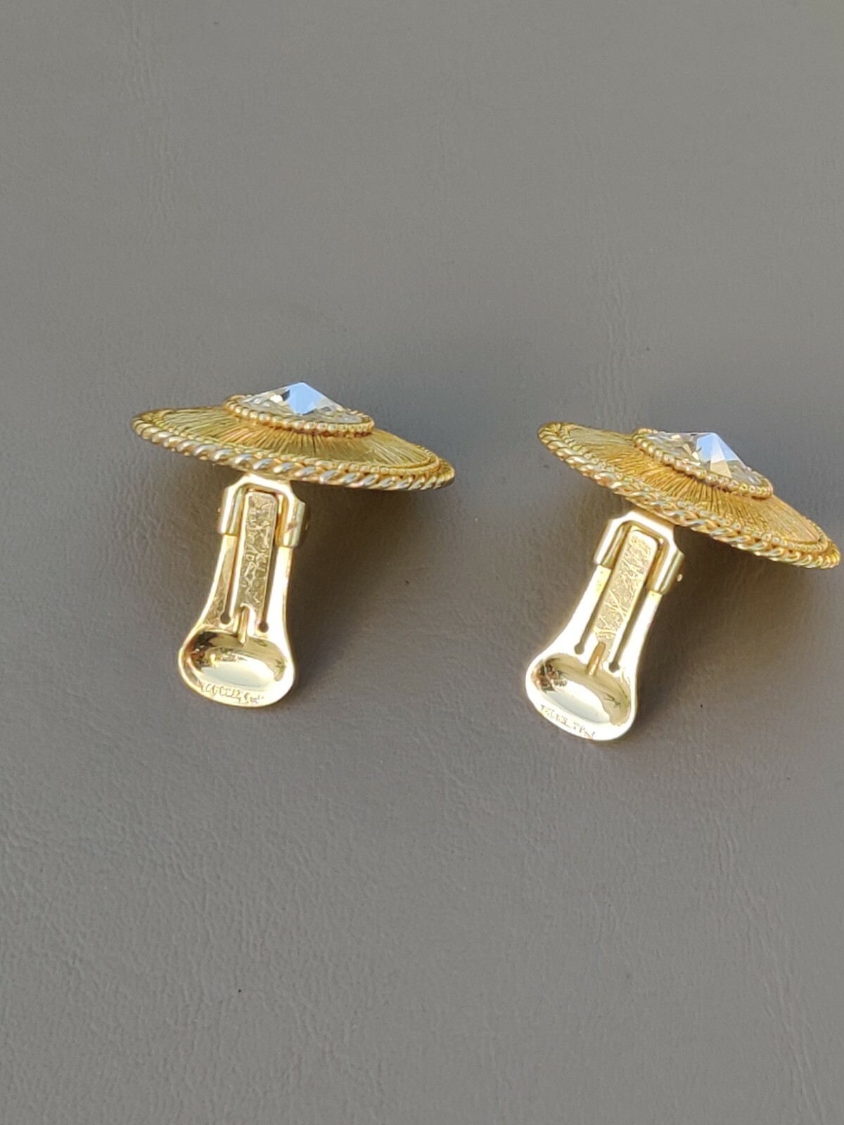 ORENA Paris France Couture Designer Brand Gold Tn Faceted Crystal Clip Earrings