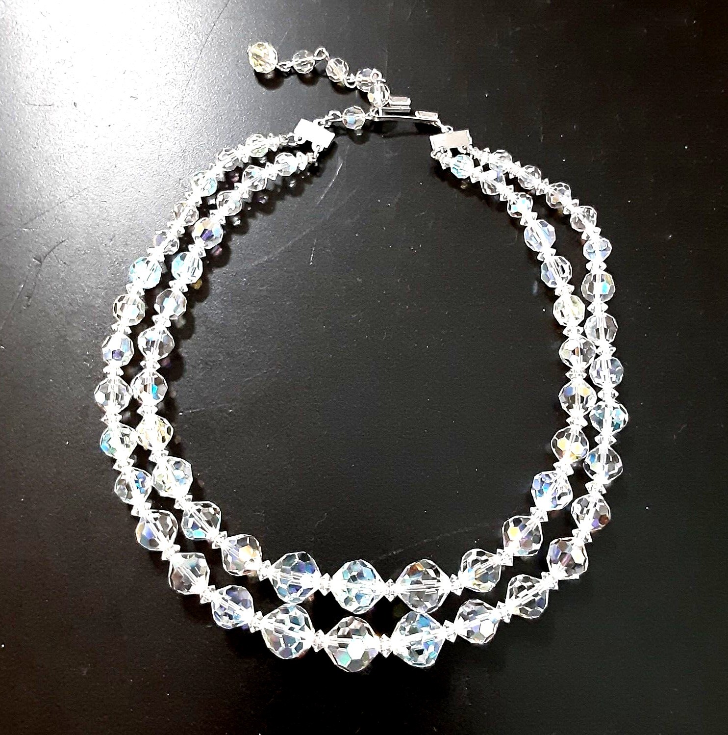 Vintage Clear Crystal Bead Necklace Double Strand 6-12mm 14*16.5 in