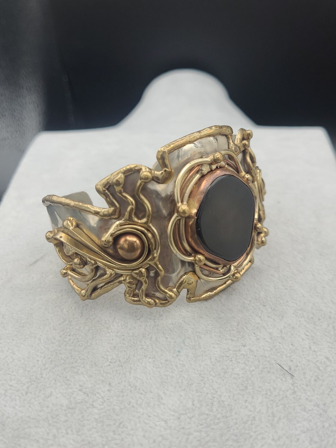 Vtg Mixed Metals Silver Tone Brass Copper Natural Stone Brutalist Cuff Bracelet