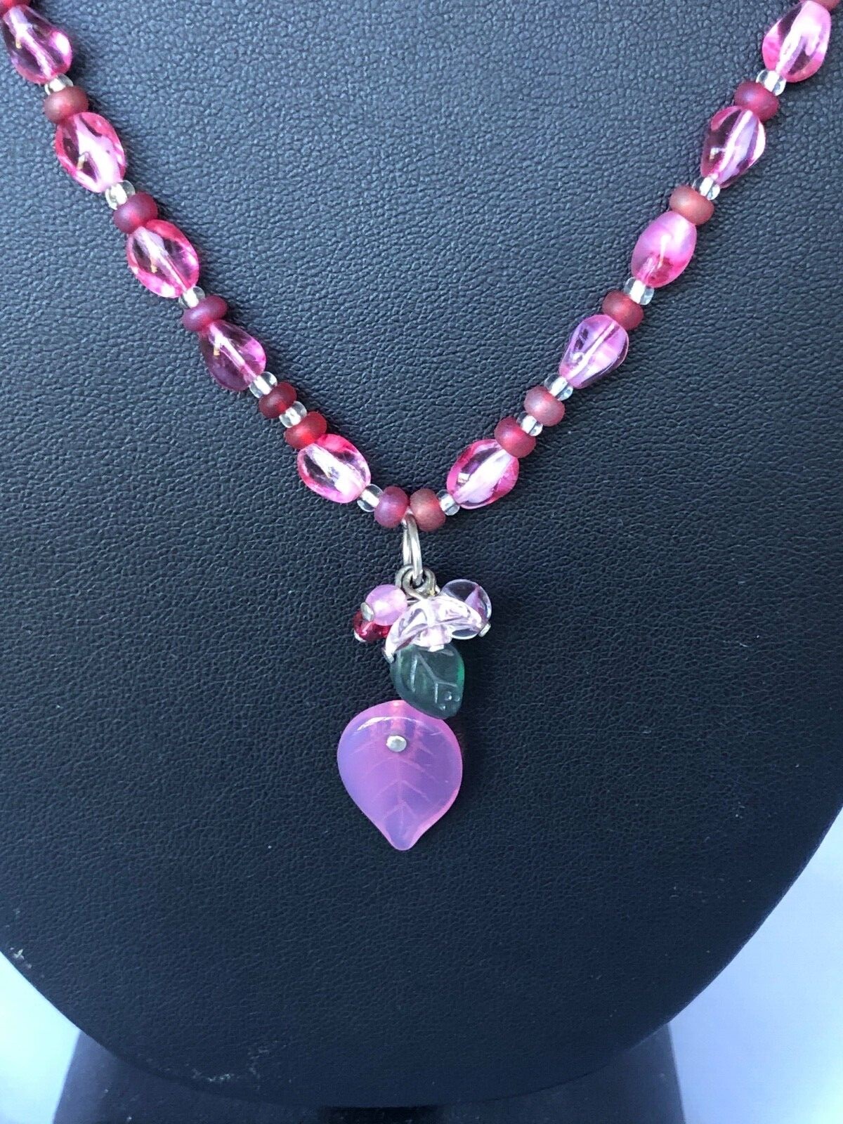 Beautiful, Delicate Pink Czech Glass Necklace with Hearts-and-Flowers Pendant