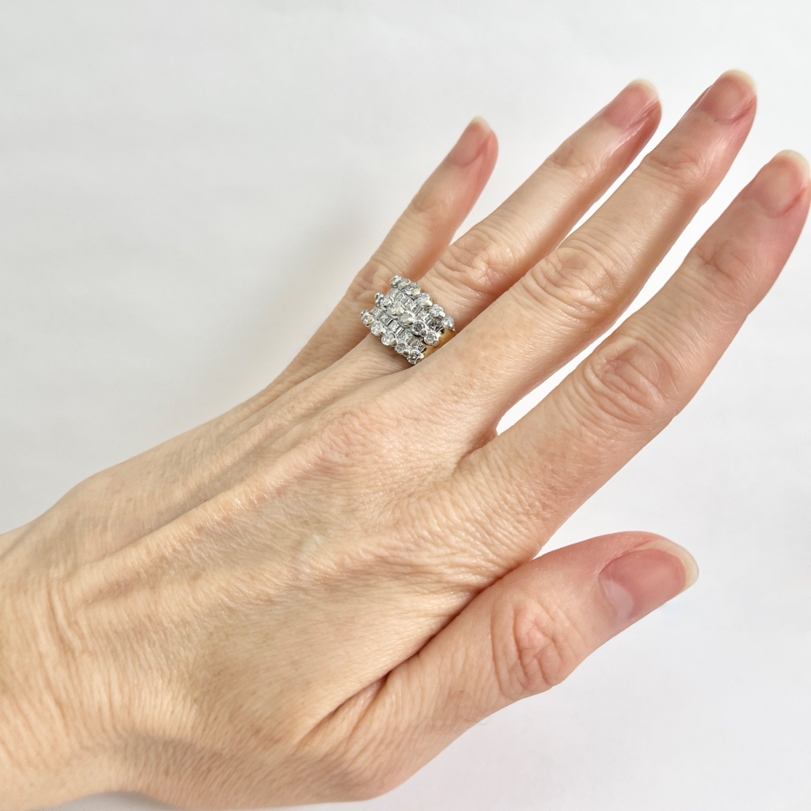 Vintage Wide Two-Tone Multishape Diamond Ring 14K White Yellow Gold, 8.88 Grams