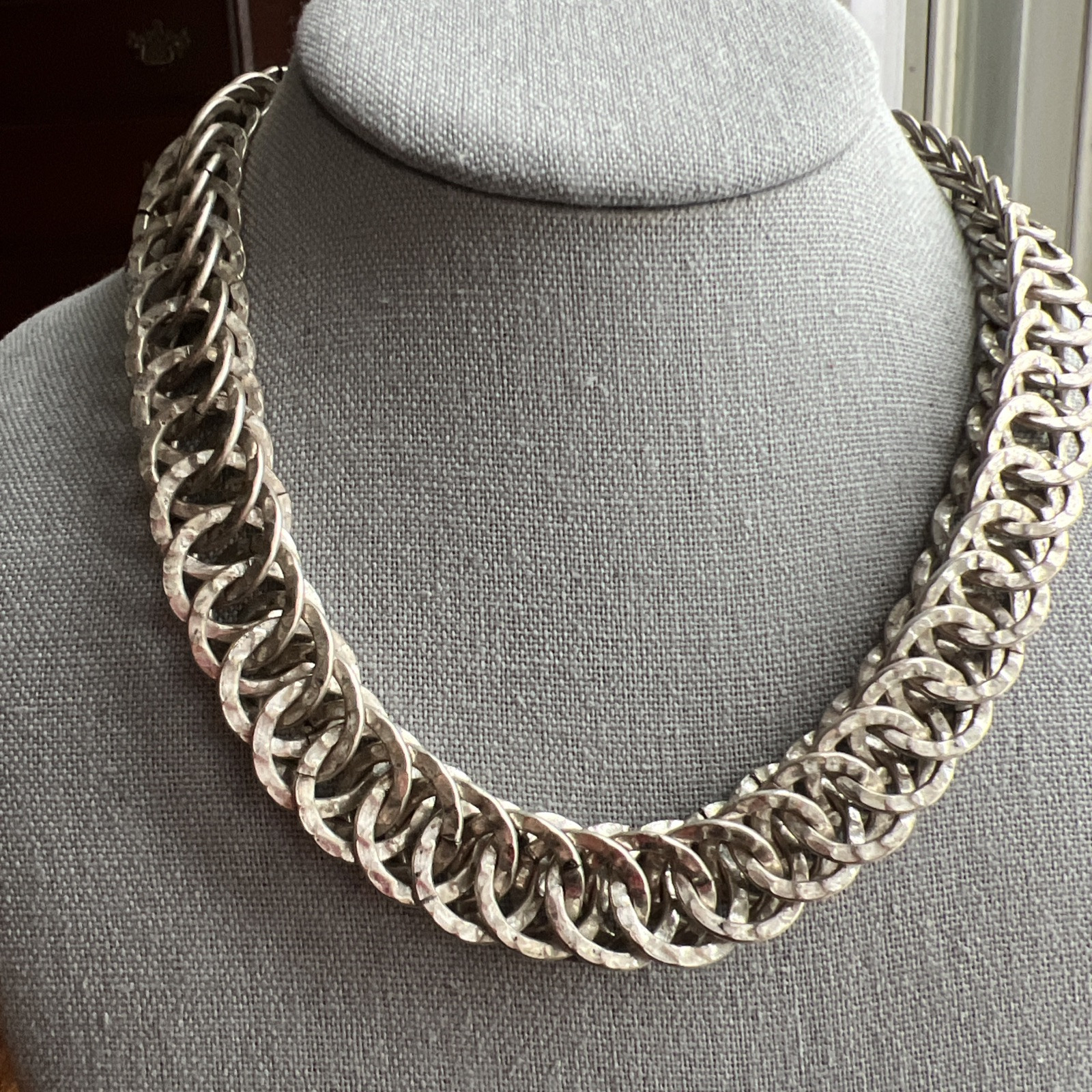 Vintage Double Link Silver Metal Necklace; Signed AV; Beautiful!