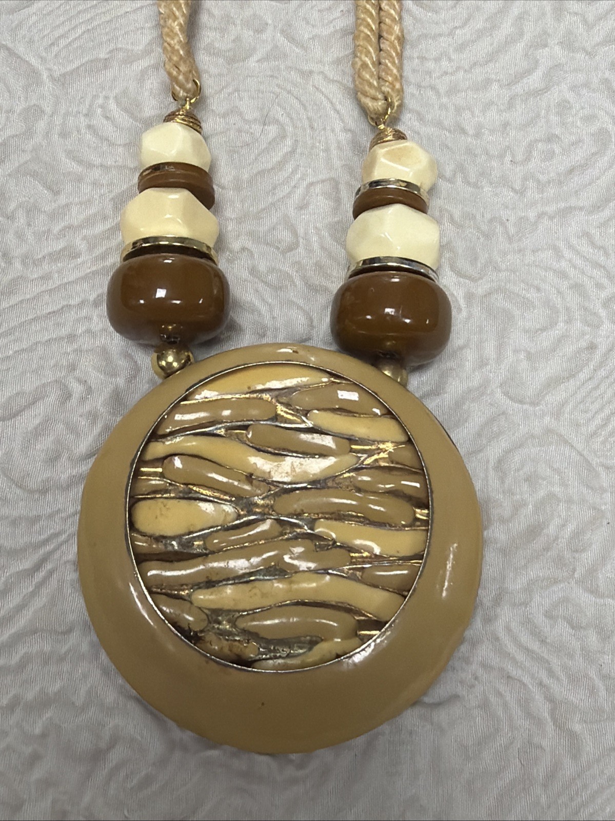 Vintage Bohemian Chunky Twisted Rope Cord Resin Wood Metal Statement Necklace