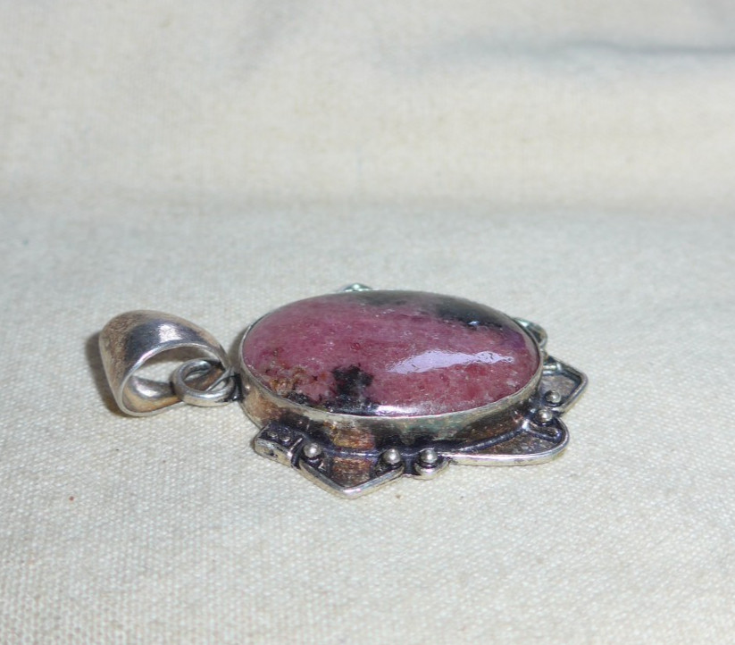 925 Sterling Silver Vintage Rhodonite Gemstone Large Pendant