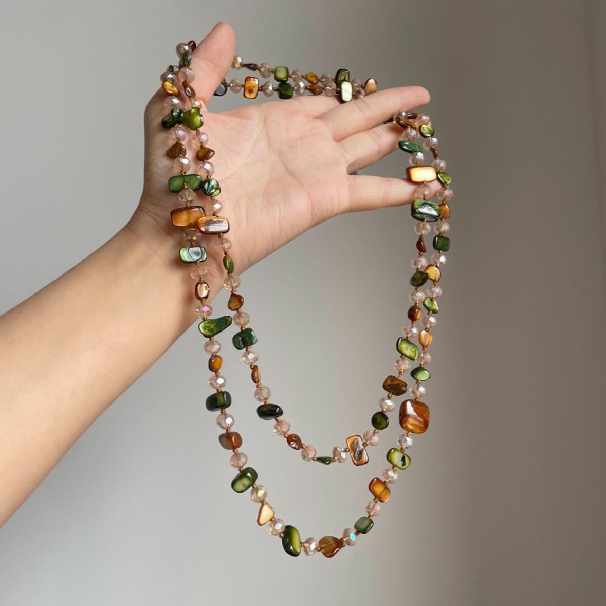 Bohemian Vintage Natural Stone Necklace Handmade Crystal Beads Double Layer