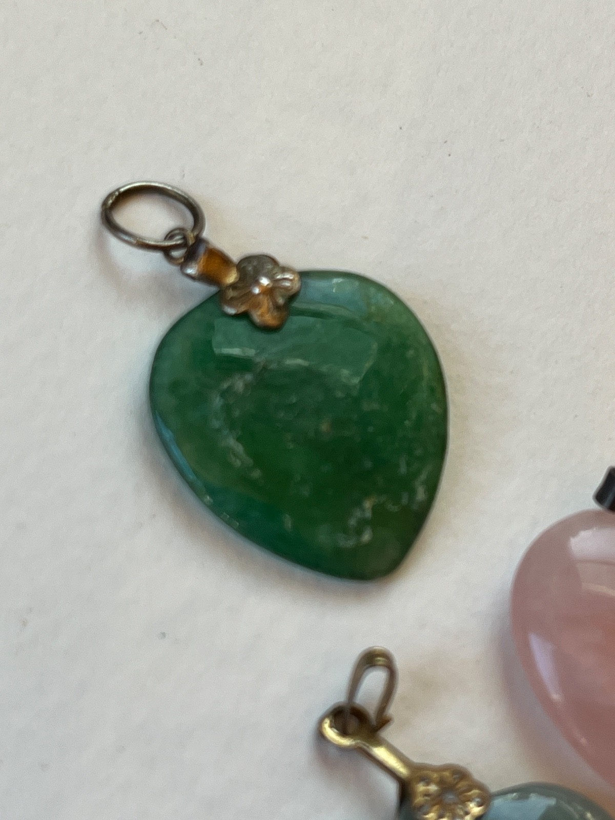 Lot of 3 Carved Green Stone or Pink Rose Quarts Heart Shaped Pendants or Charms
