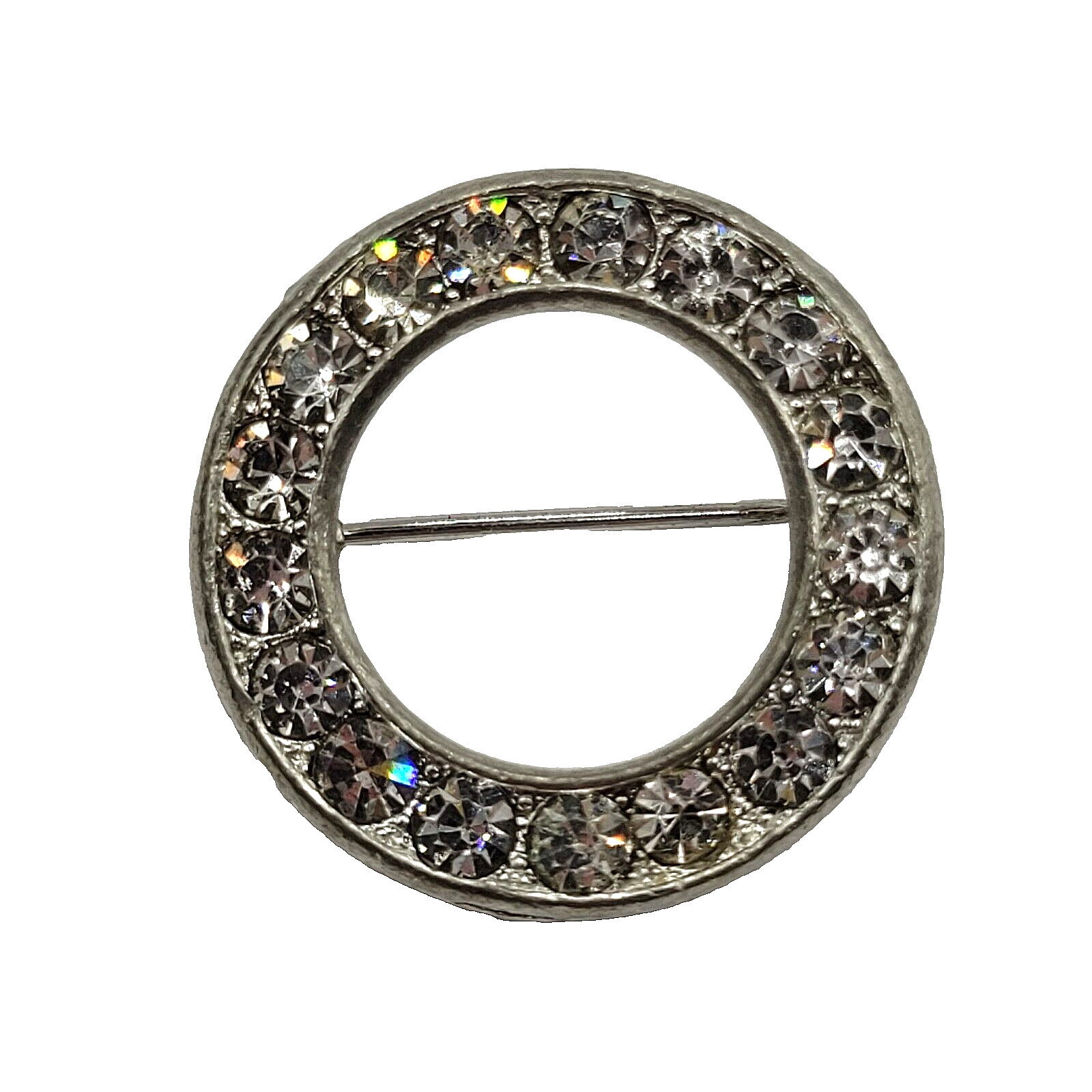 Sparkly Rhinestone Ring Circle Silver Tone Scatter Scarf Brooch Pin Vtg 1970s