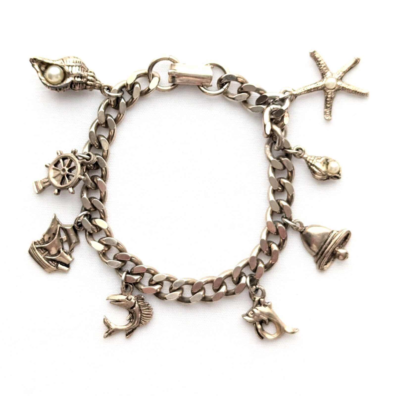 Charm Bracelet Starfish Ship Conch Shell Charms Curb Chain Vintage Jewelry 7″