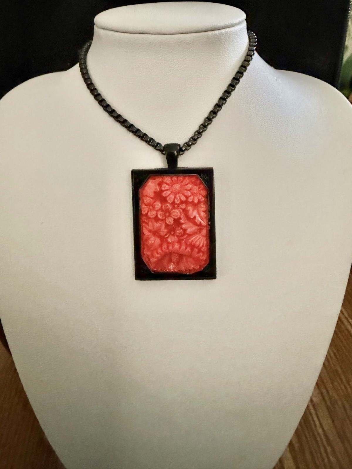 Art Deco Upcycled Bohemian Molded Coral Flowers Glass Black Rim Pendant Necklace