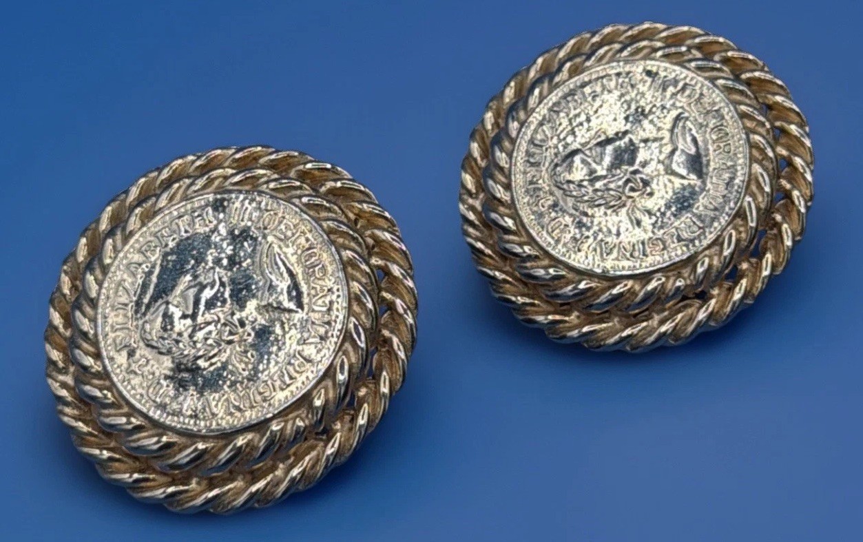 Vintage Gay Boyer Clip On Earrings – Gold‑Tone Coin Design, Signed