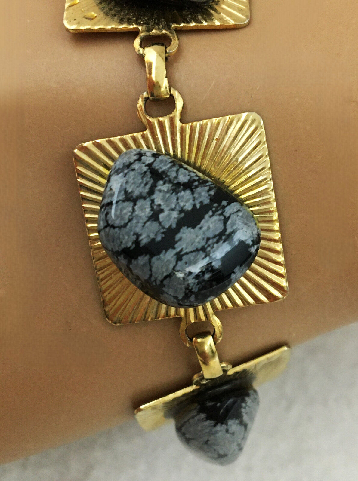 VTG 3 Piece Set GoldTone Polished Stone Bracelet Earrings Pendant Obsidian