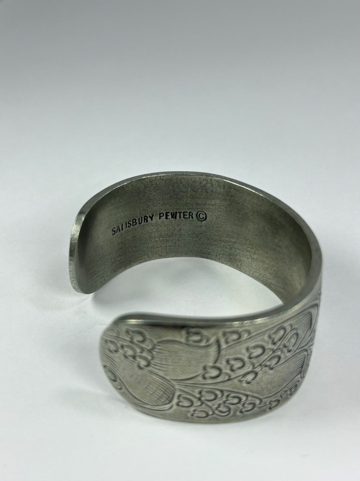 SALISBURY Pewter Cuff Bracelet MAY Birth Flower Lily of the Valley Engraved VTG