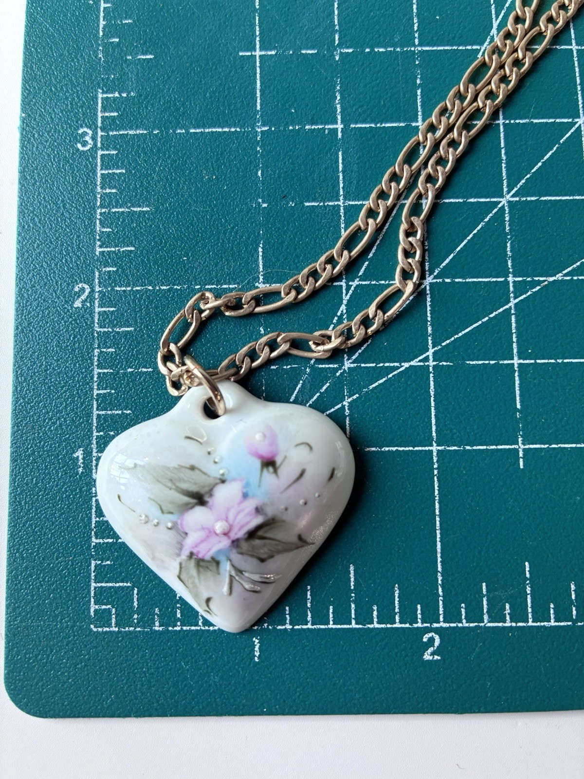 Vintage Ceramic Porcelain Heart Pendant Necklace Floral Cottage Hand Painted 80s