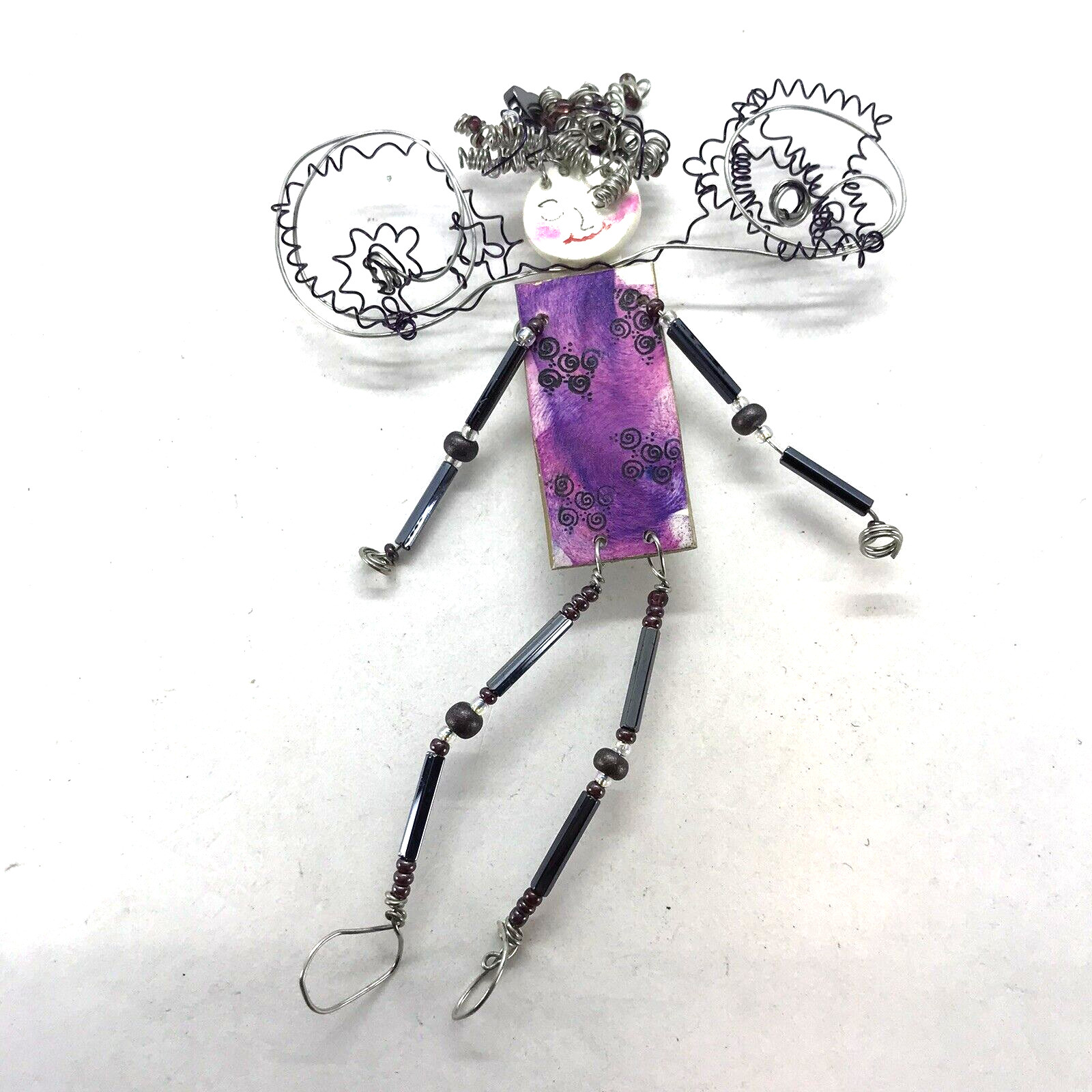 Fairy Angel Pin Brooch Handmade Whimsical Mixed Media Wire Dangler legs arms