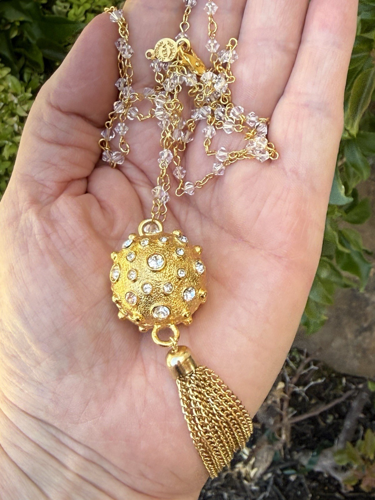 Vintage Austrian Crystal USA Gold Tone Ball Tassel Fringe Pendant & Necklace