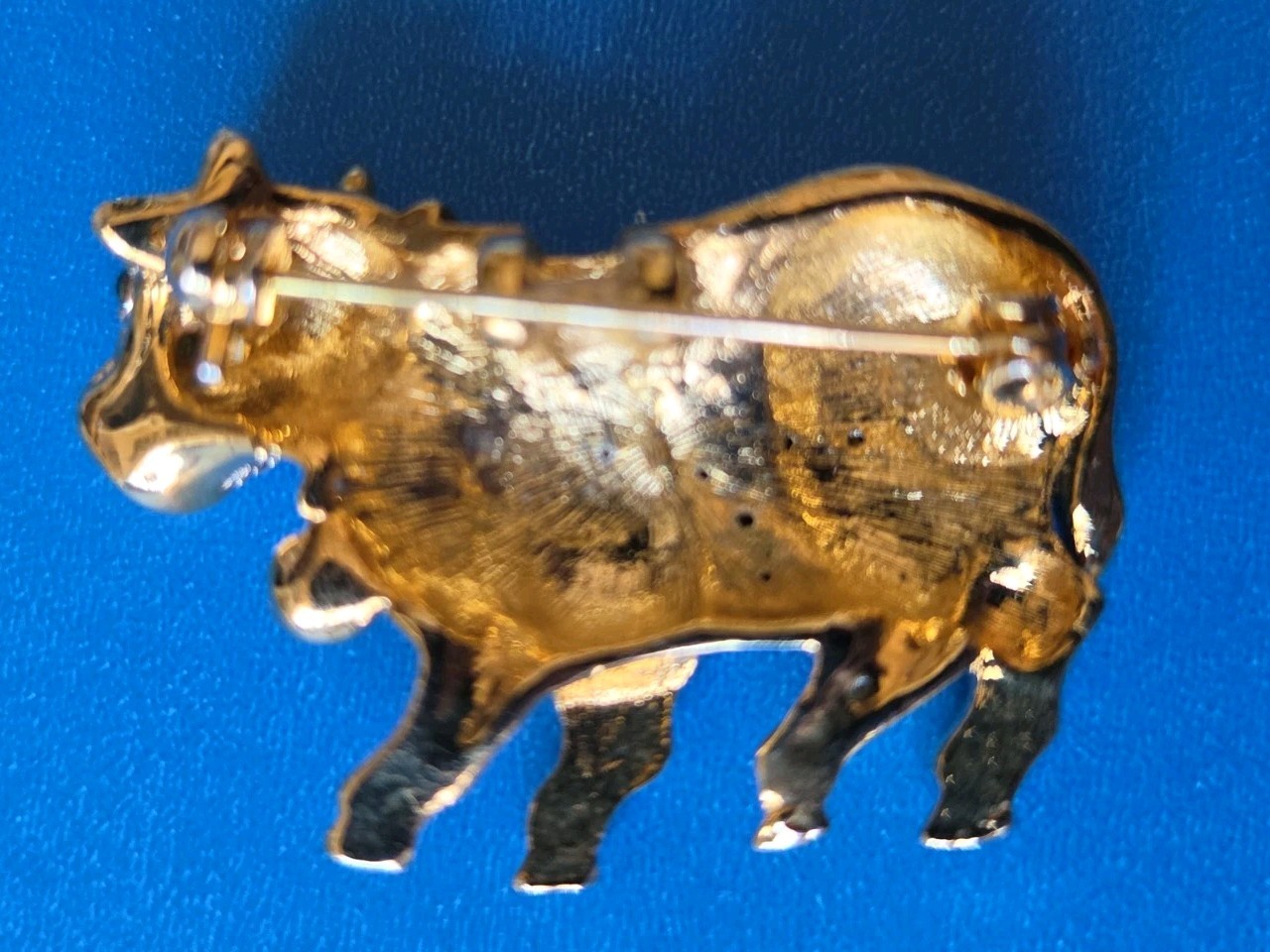 Vintage Cow~Bull Pin/Brooch~Clear, Green & Red Rhinestones & Enamel Goldtone Pin