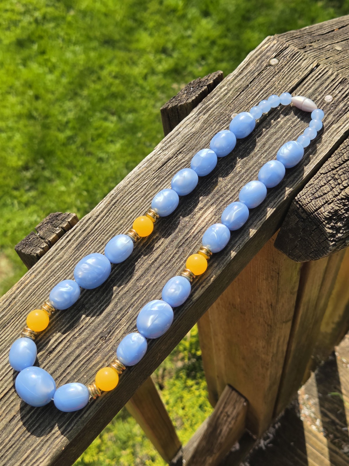 Vintage Avon Lucite Moon Glow Necklace 80s Blue Orange Gold Tone Plastic Beaded