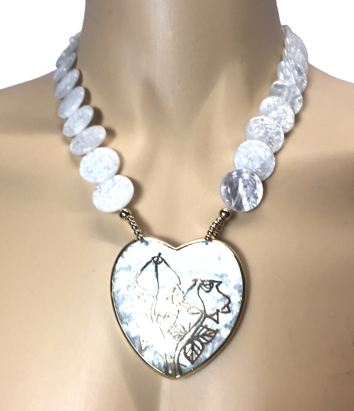 New Vintage White Lucite Statement Necklace Gold Tone Roses Made in Taiwan ROC