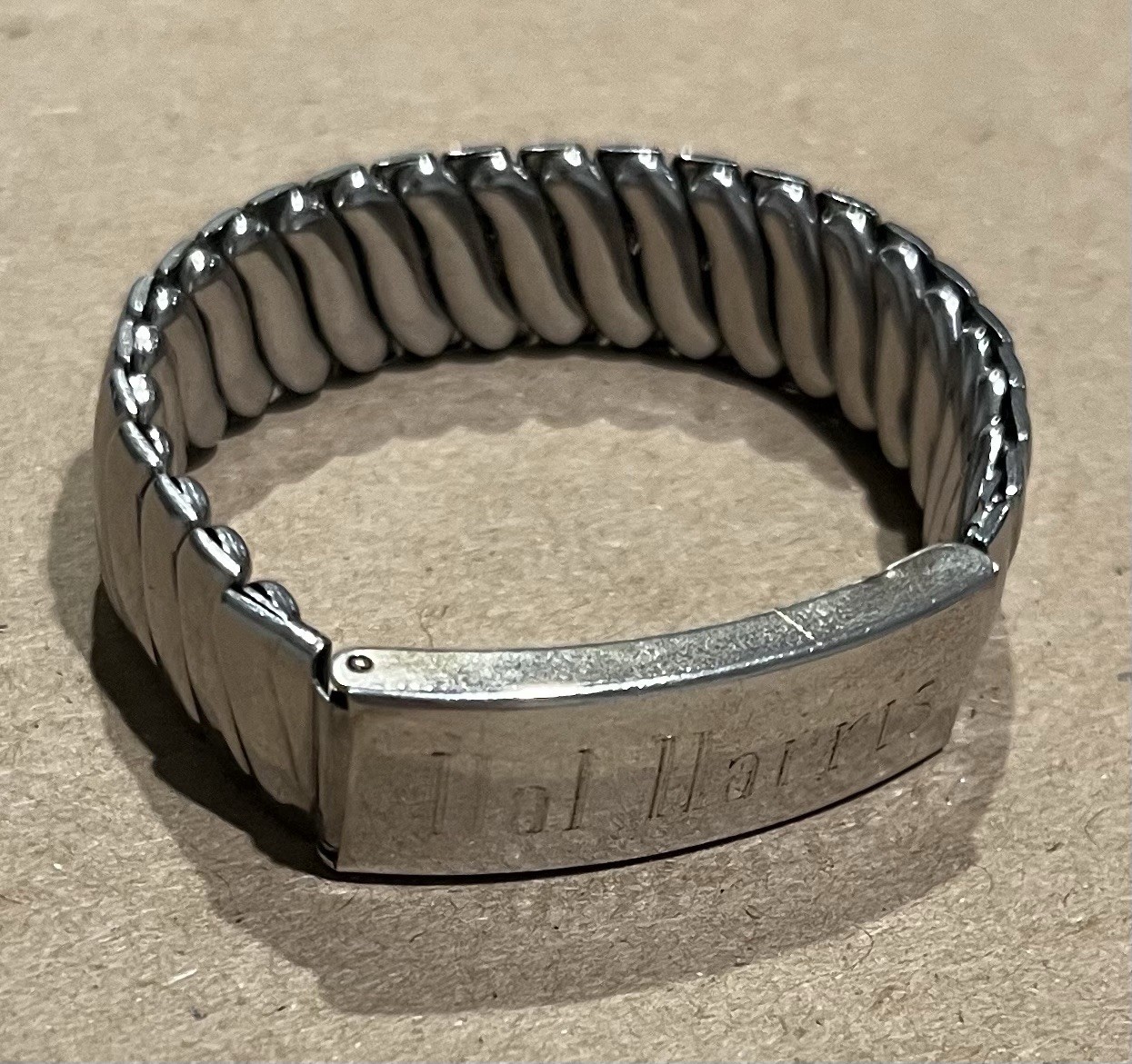 Vintage Foster Stainless Steel Sterling Silver Top Engraved Stretch Bracelet
