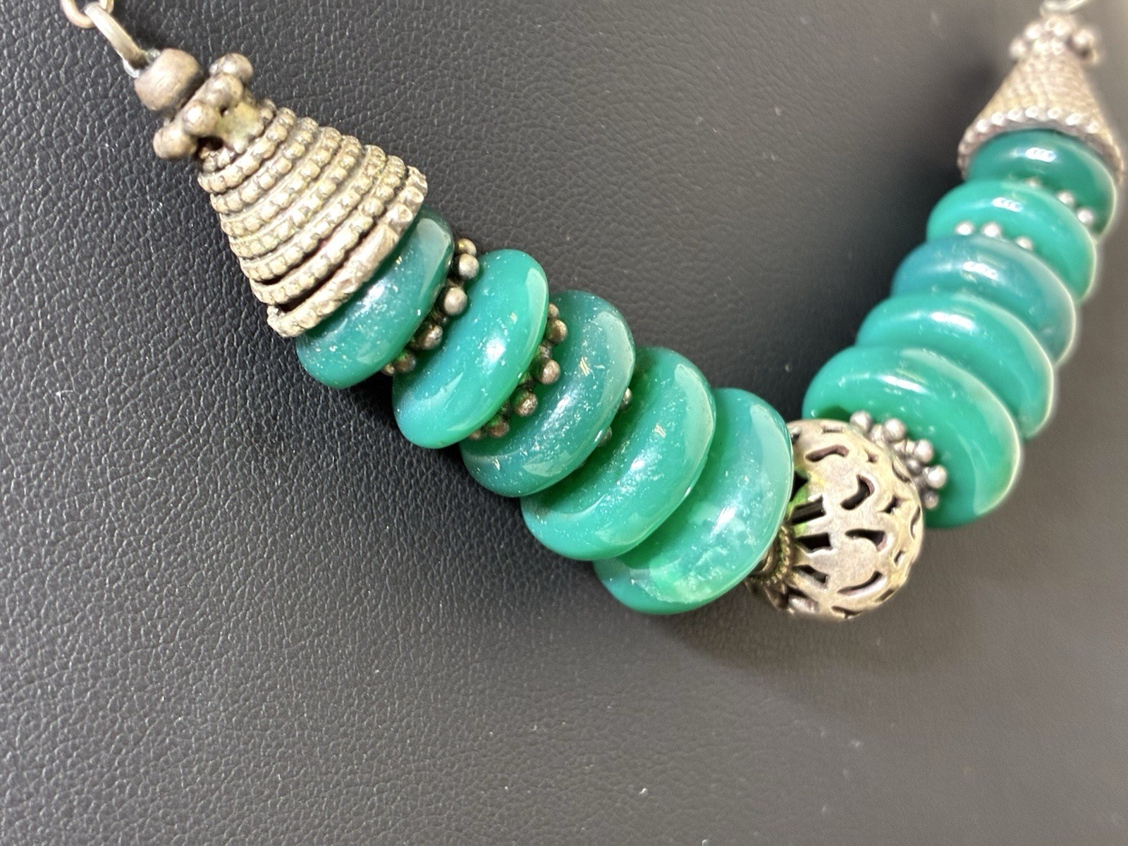 Vintage Moroccan Berber Style Sterling Silver Green Agate Bead Necklace 52g