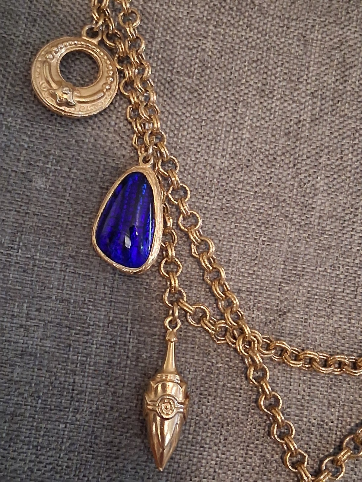 Cobalt blue poured glass dangle drop charm double strand necklace, vintage, 24″