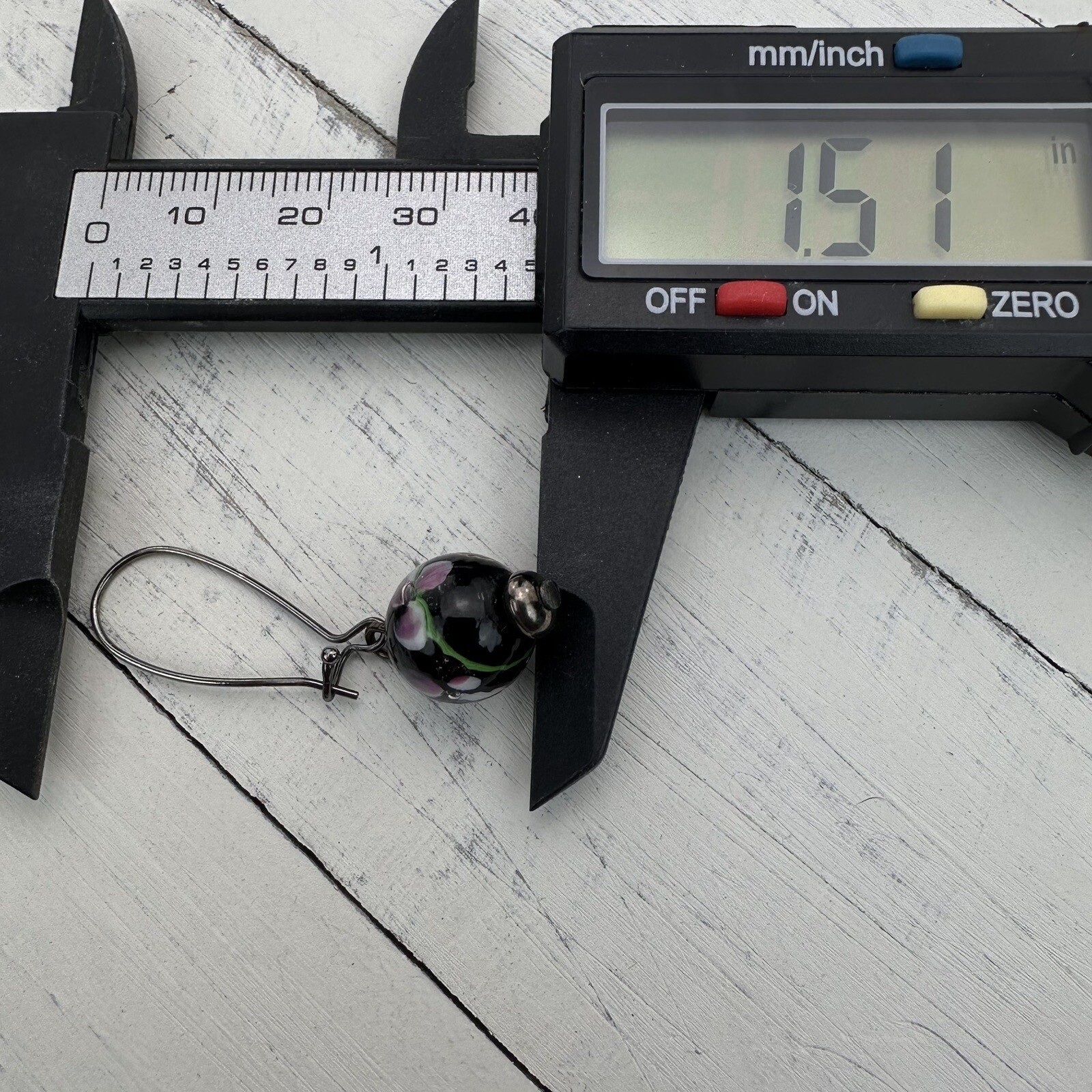 Vintage Venetian Murano Glass Black Flower Ball Dangle Earrings