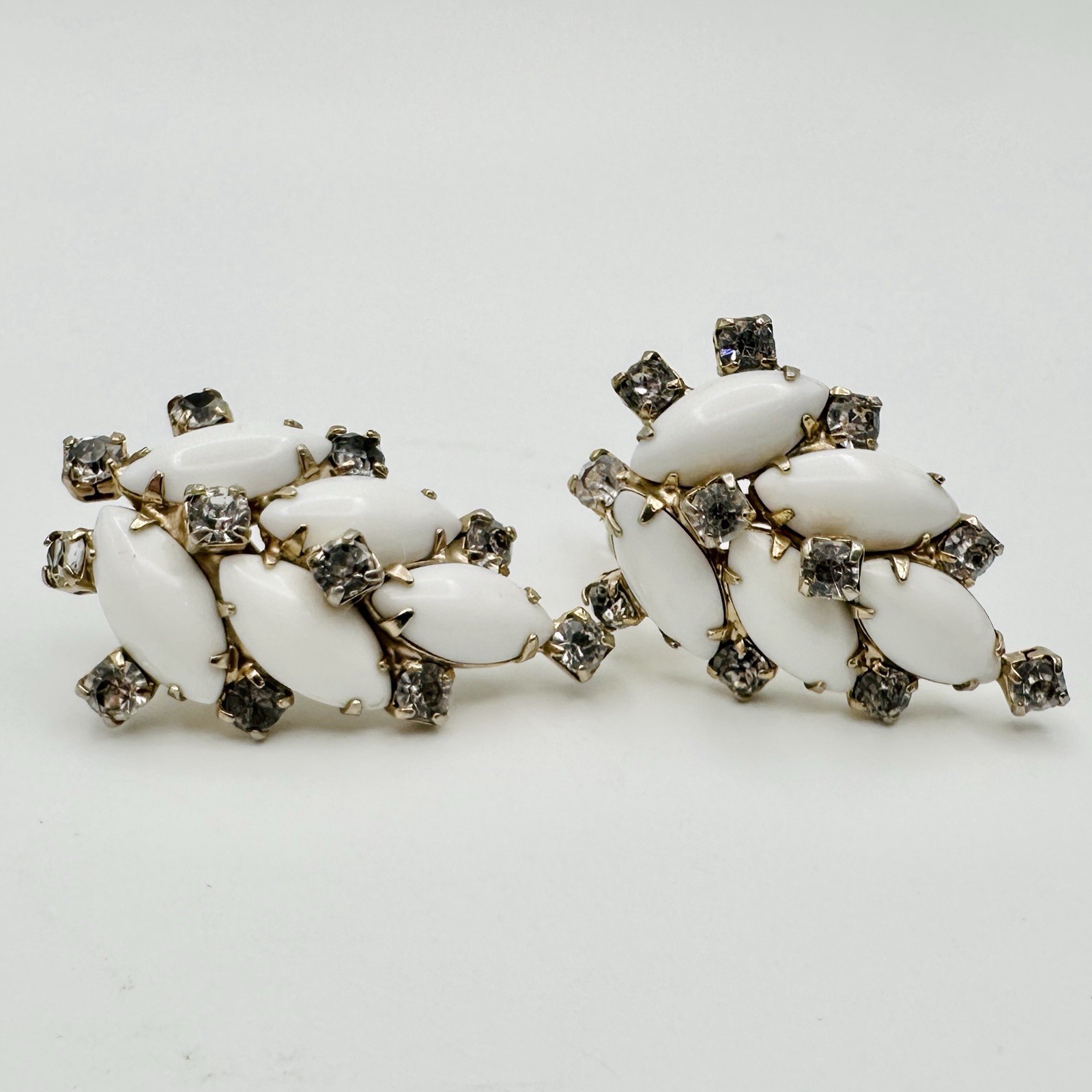 Vintage White Milk Glass Navette Rhinestones Fanned Leaf Clip Earrings Gold Tone