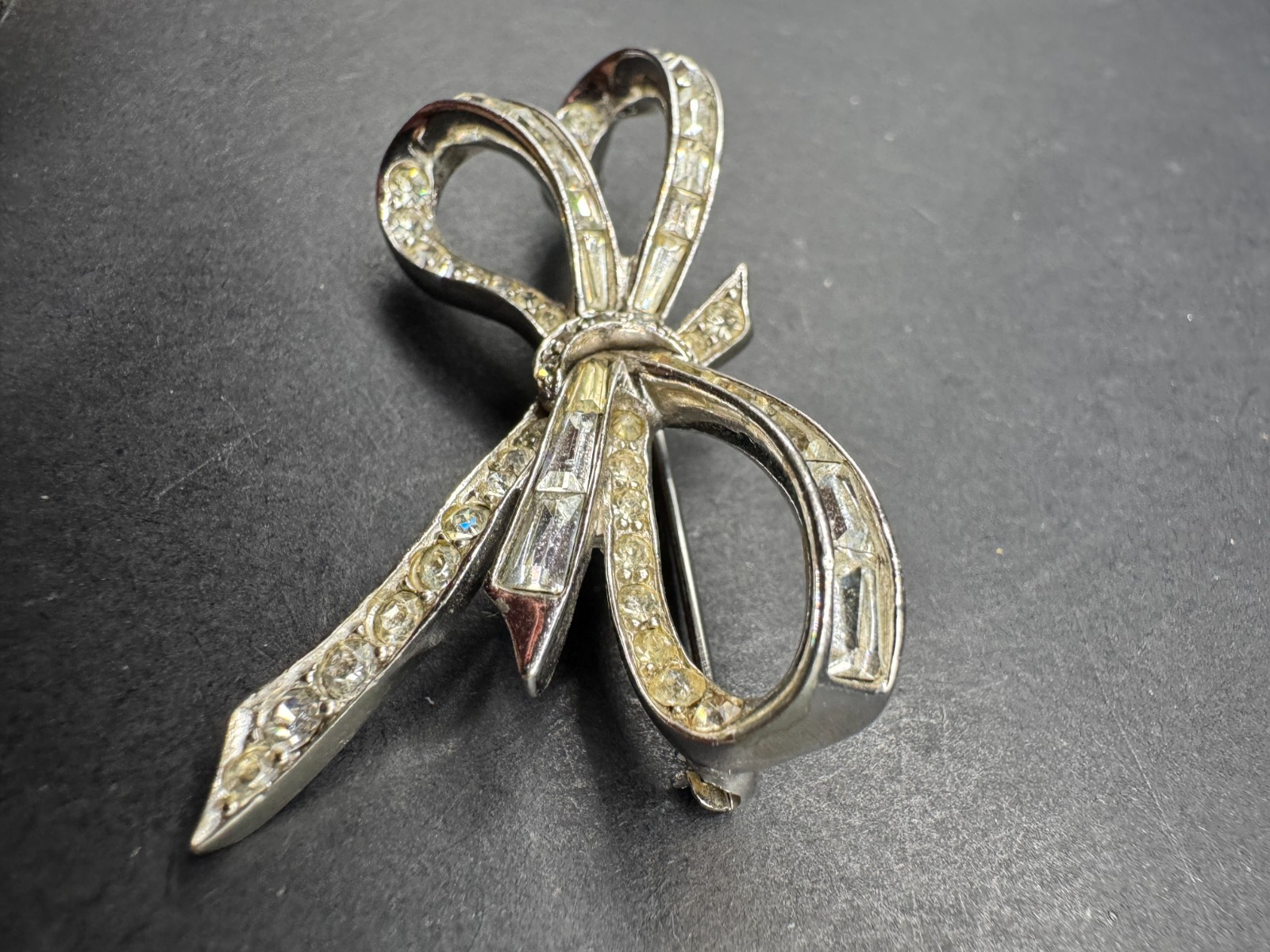 Vtg Marcel Boucher Bow Brooch Pin SIlver Tone Emerald Cut and Round Crystal 5266