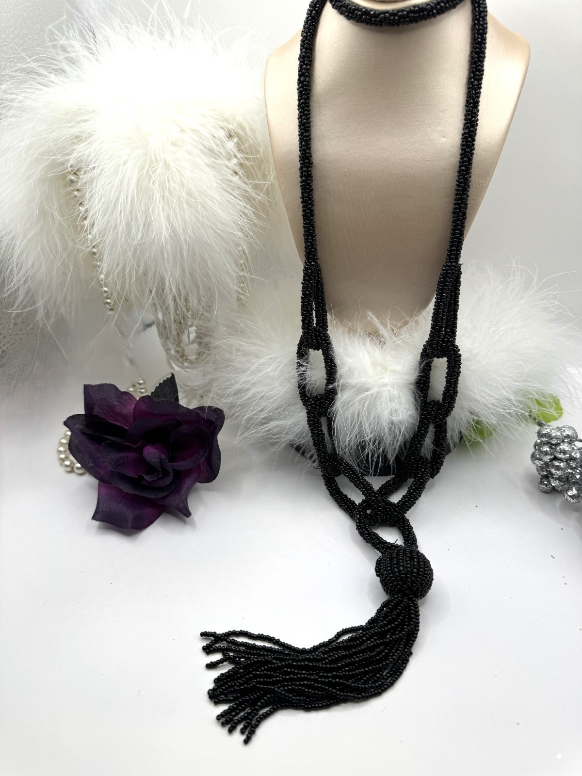 Designer Black Micro-Beaded Statement Necklace Multi-Looped Rare High End