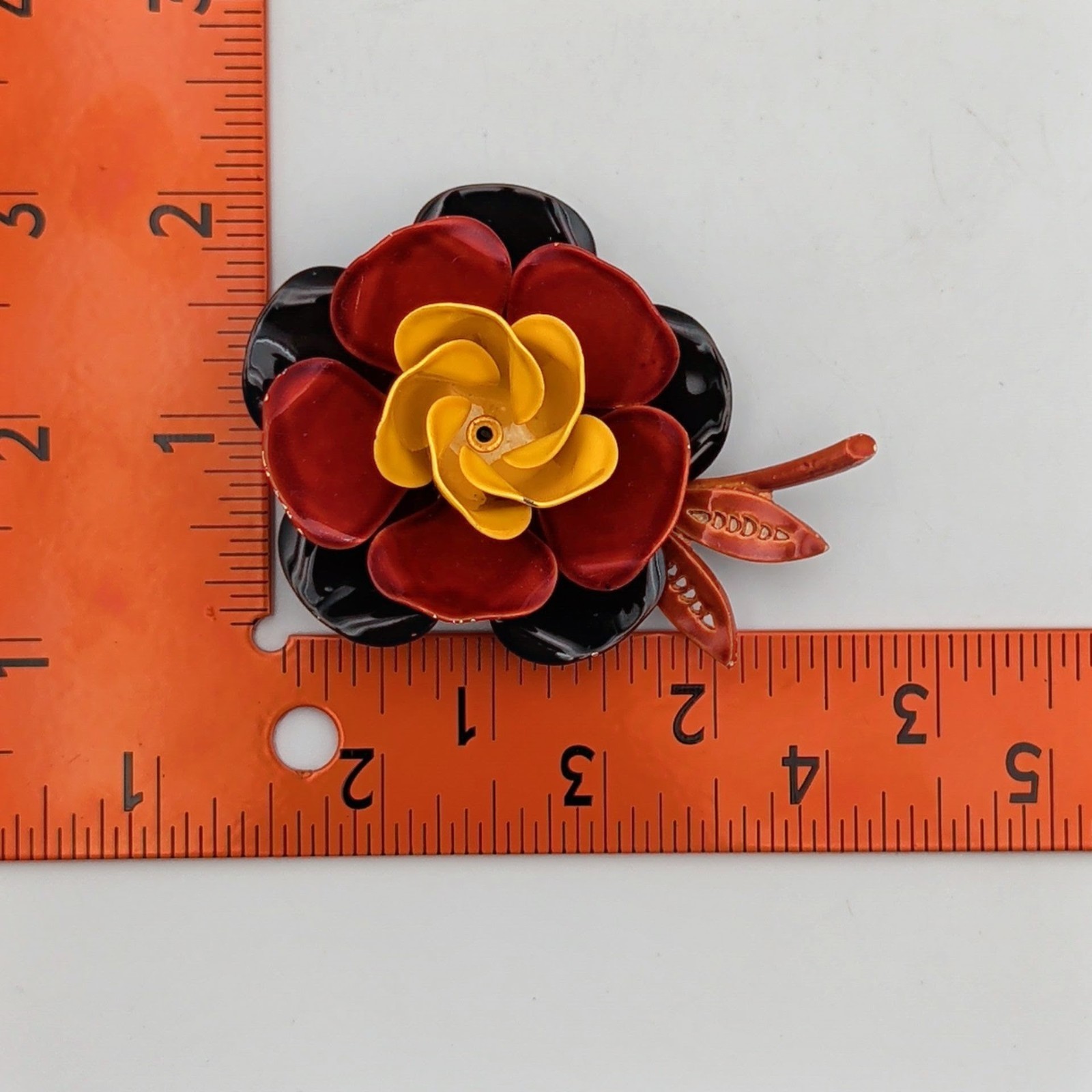 Vtg Yellow Rust Brown Enamel Flower Brooch Mod Pop Art 3D Floral Pin 1960s MCM