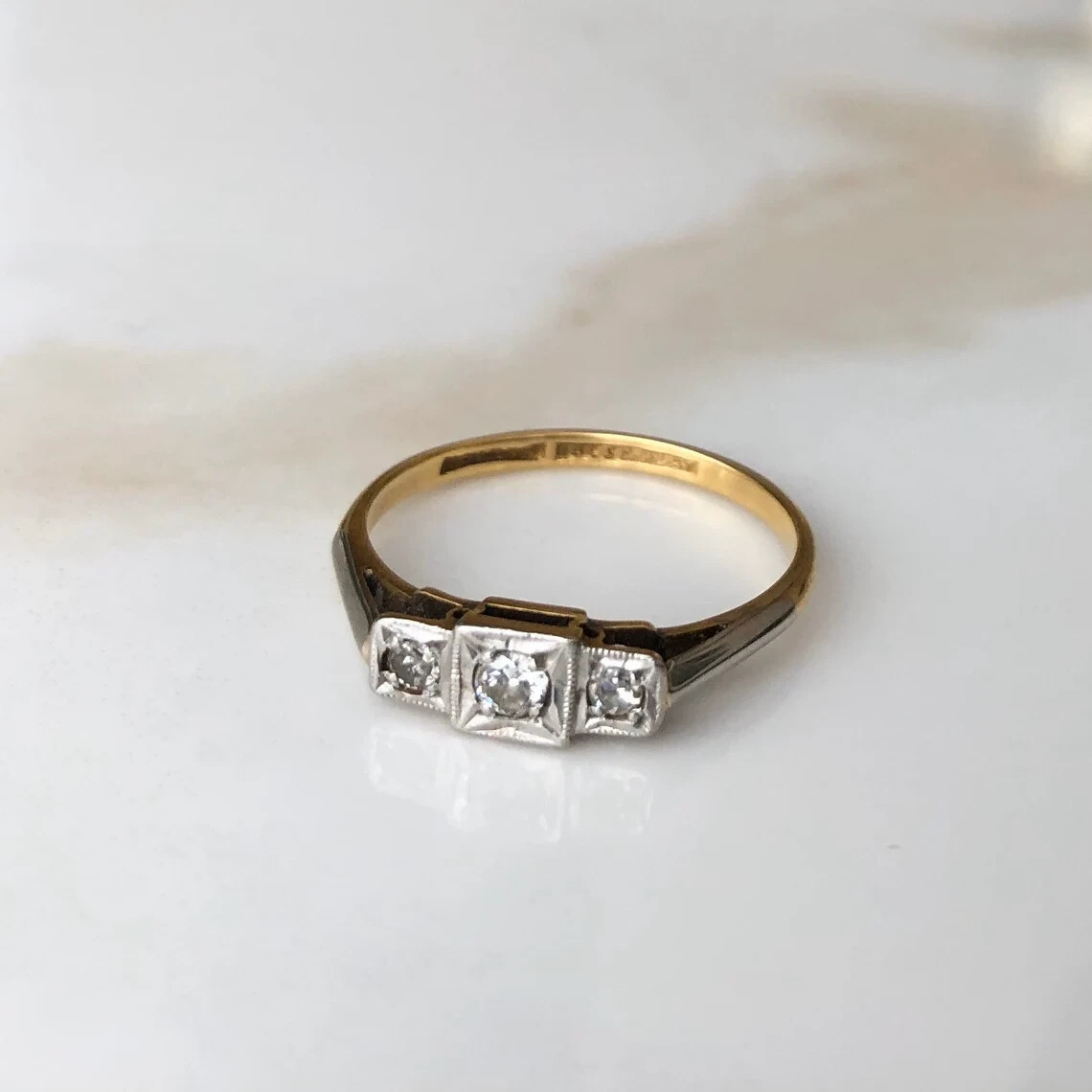 Art Deco Style Lab-Created Diamond 3 Stone Engagement Yellow Gold Finish Ring