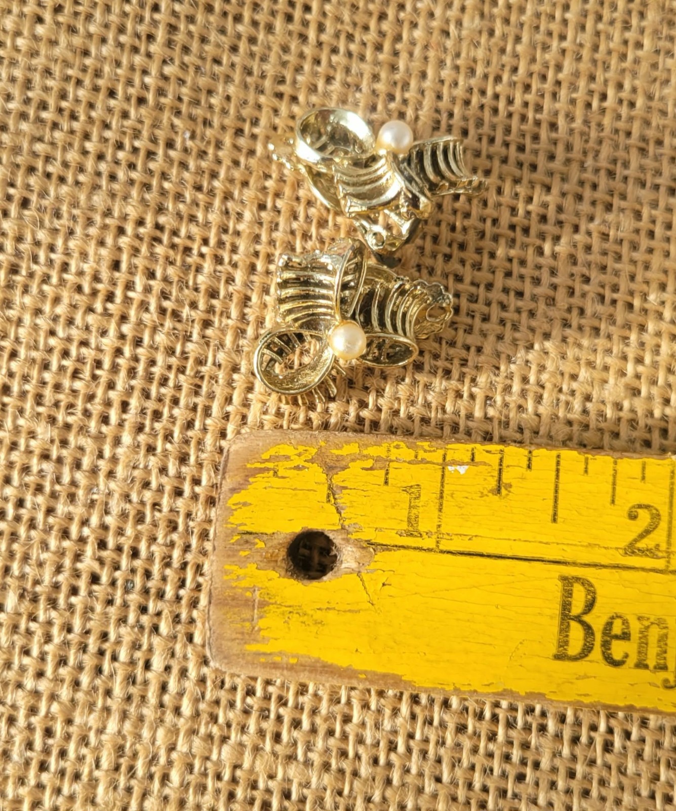 Vintage Faux Pearl Bow Pin Brooch & Clip Earring Set, 1970’s Gold Tone Jewelry