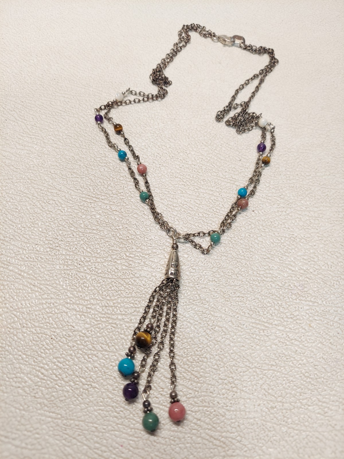Vintage Q.T. Italy 925 Silver Multi Gemstone Tassel Necklace 47cm 16g